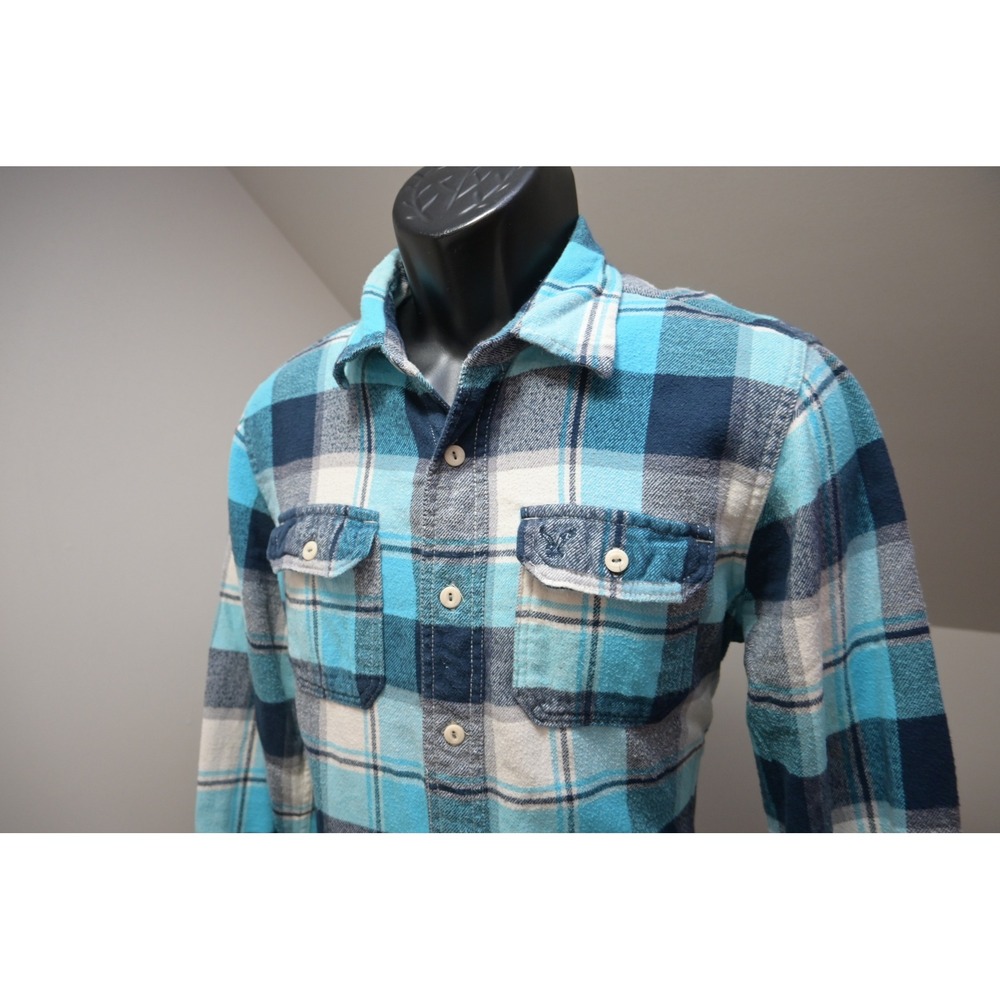 American Eagle Flannel Button Up Shirt Mens Medium Blue Athletic Fit Long Sleeve
